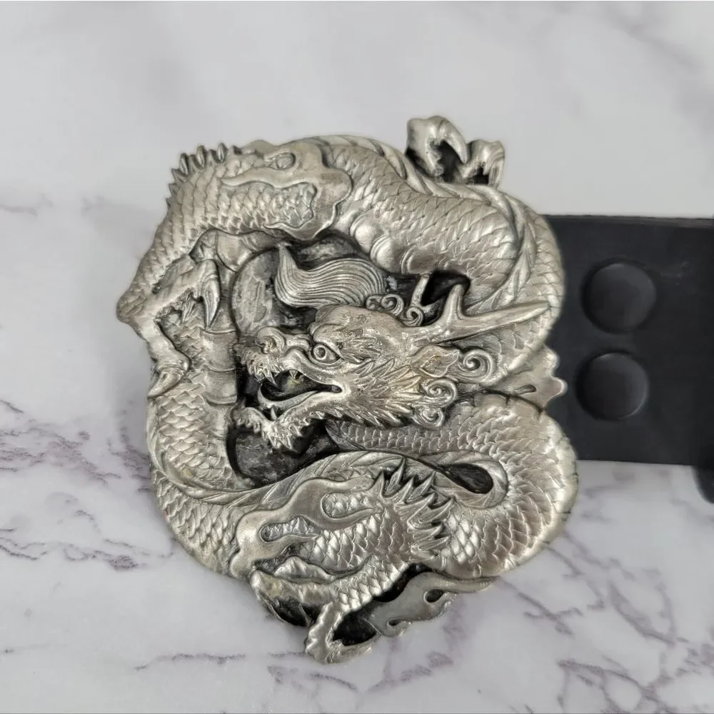 Bergamot Vintage 80s Black Leather Celtic Belt with Silver 2D Dragon Buckle